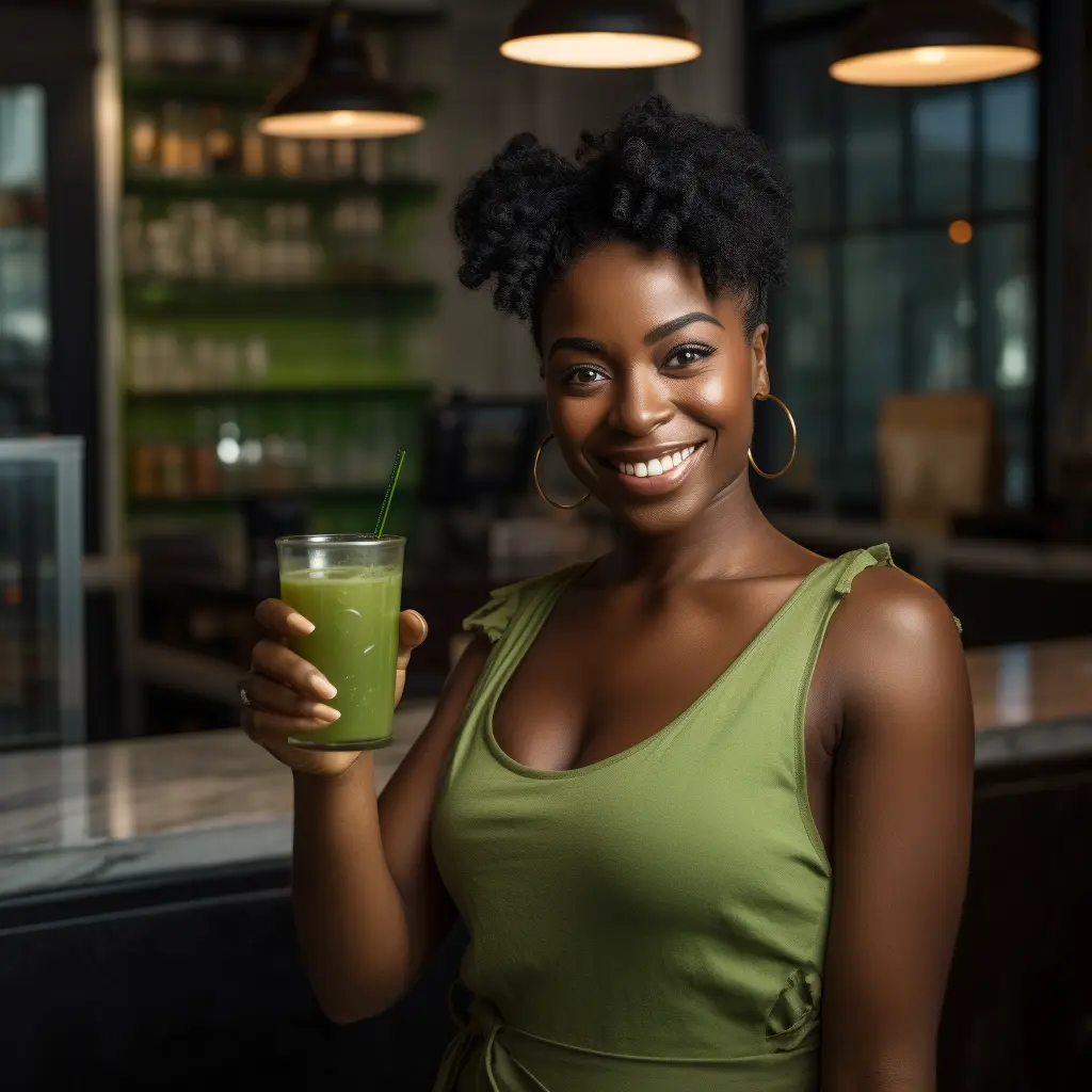 Joyful girl holding a cup of Matcha Slim tea, enjoying its natural goodness