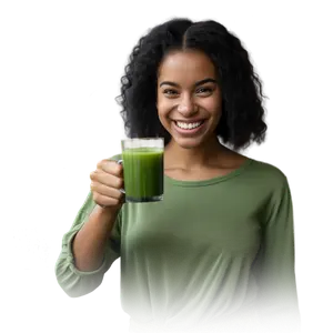 Girl holding a cup of matcha tea and giving a thumbs up, expressing satisfaction