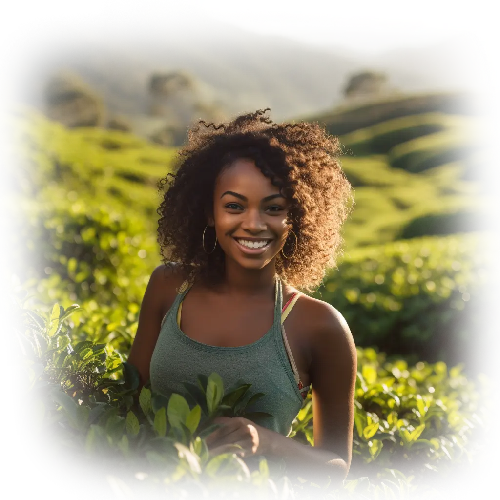 Happy girl smiling on a lush green tea plantation, enjoying the scenery