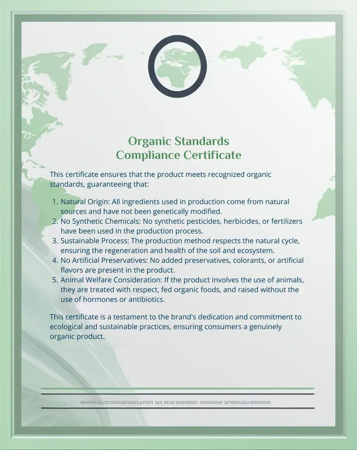 Certificate of compliance with organic standards on a wooden background