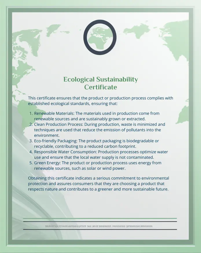 Official certificate of environmental sustainability displayed on a desk