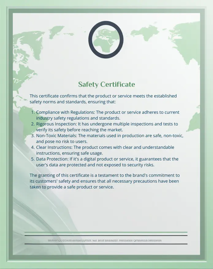 Safety certificate document certifying standards compliance